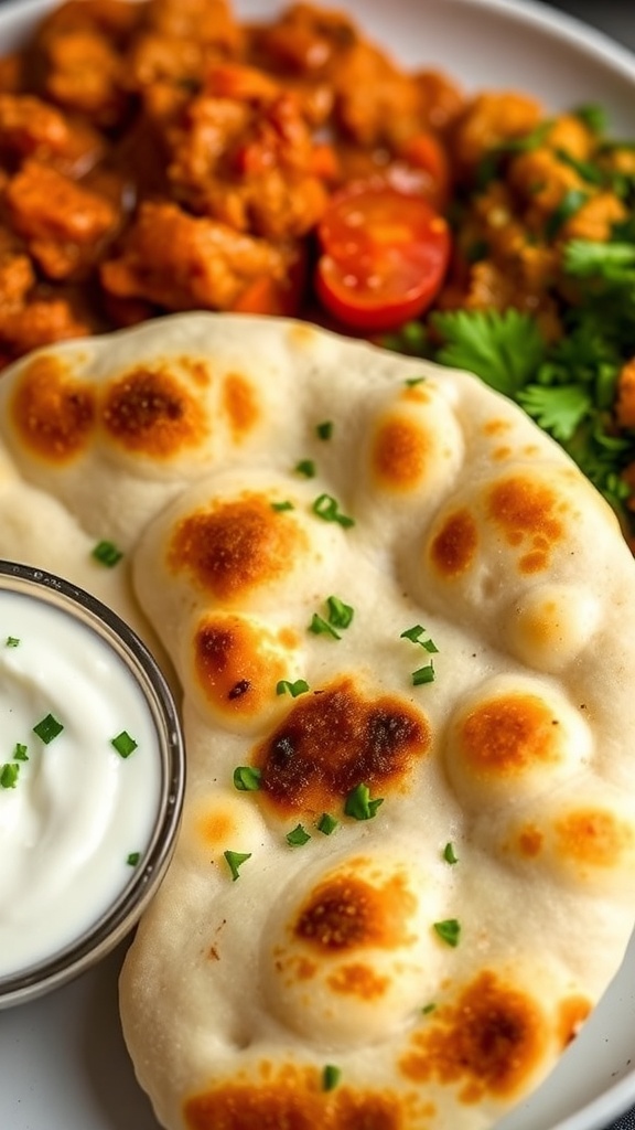 Low Carb Naan Bread Recipe Freshly made low carb naan bread on a plate, garnished with herbs, served with yogurt sauce and curry.